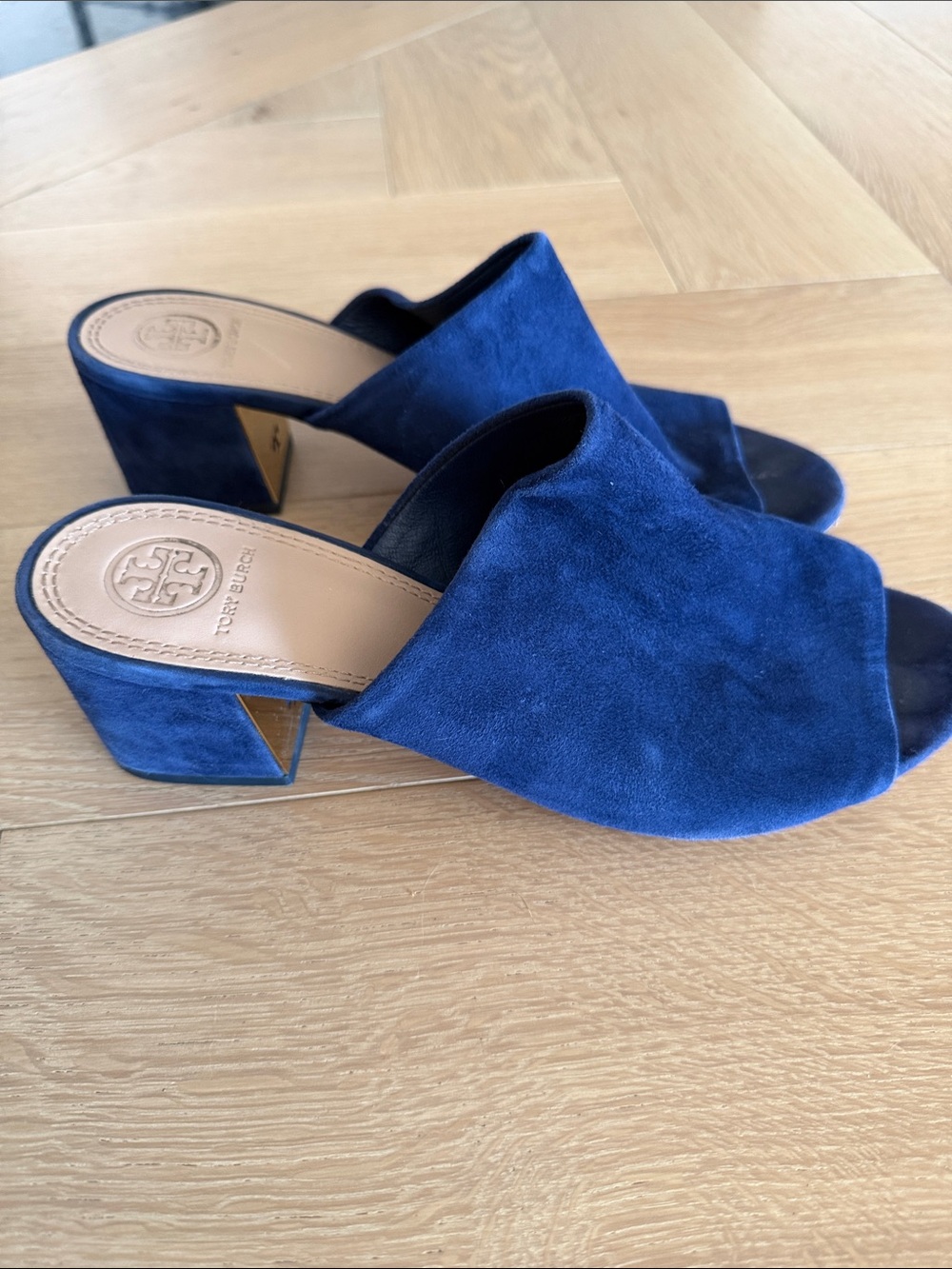 Tory Burch Cobalt Blue Suede Open-Toe Block Heel Mules